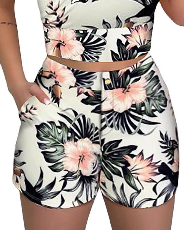 Shorts chauds pour femmes Blouse imprimée ensemble d'été 2 pièces Outfit avec tissu de laine