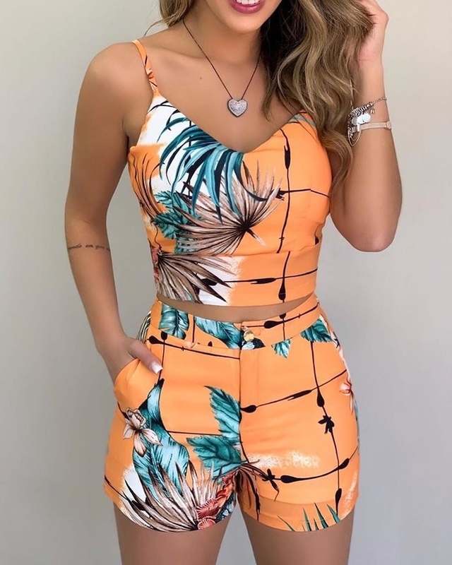 Shorts chauds pour femmes Blouse imprimée ensemble d'été 2 pièces Outfit avec tissu de laine