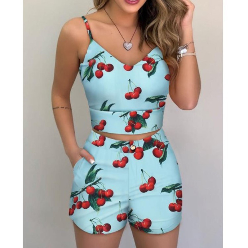 Shorts chauds pour femmes Blouse imprimée ensemble d'été 2 pièces Outfit avec tissu de laine