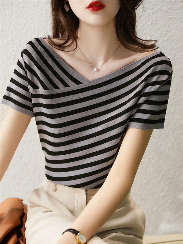 T-shirt tricoté à rayures de mode V Neck T-shirt décontracté pour les femmes